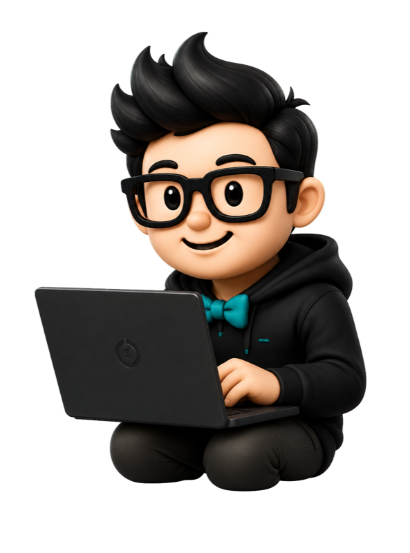 The Nerd, coding at a laptop